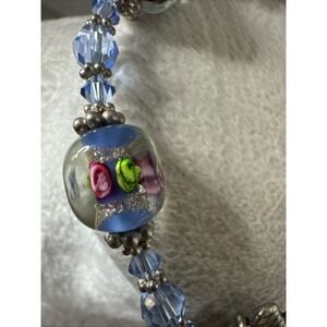 Artisan-Made Lampwork Glass Beaded Bracelet Crystal Spacers Roses Blue 7"